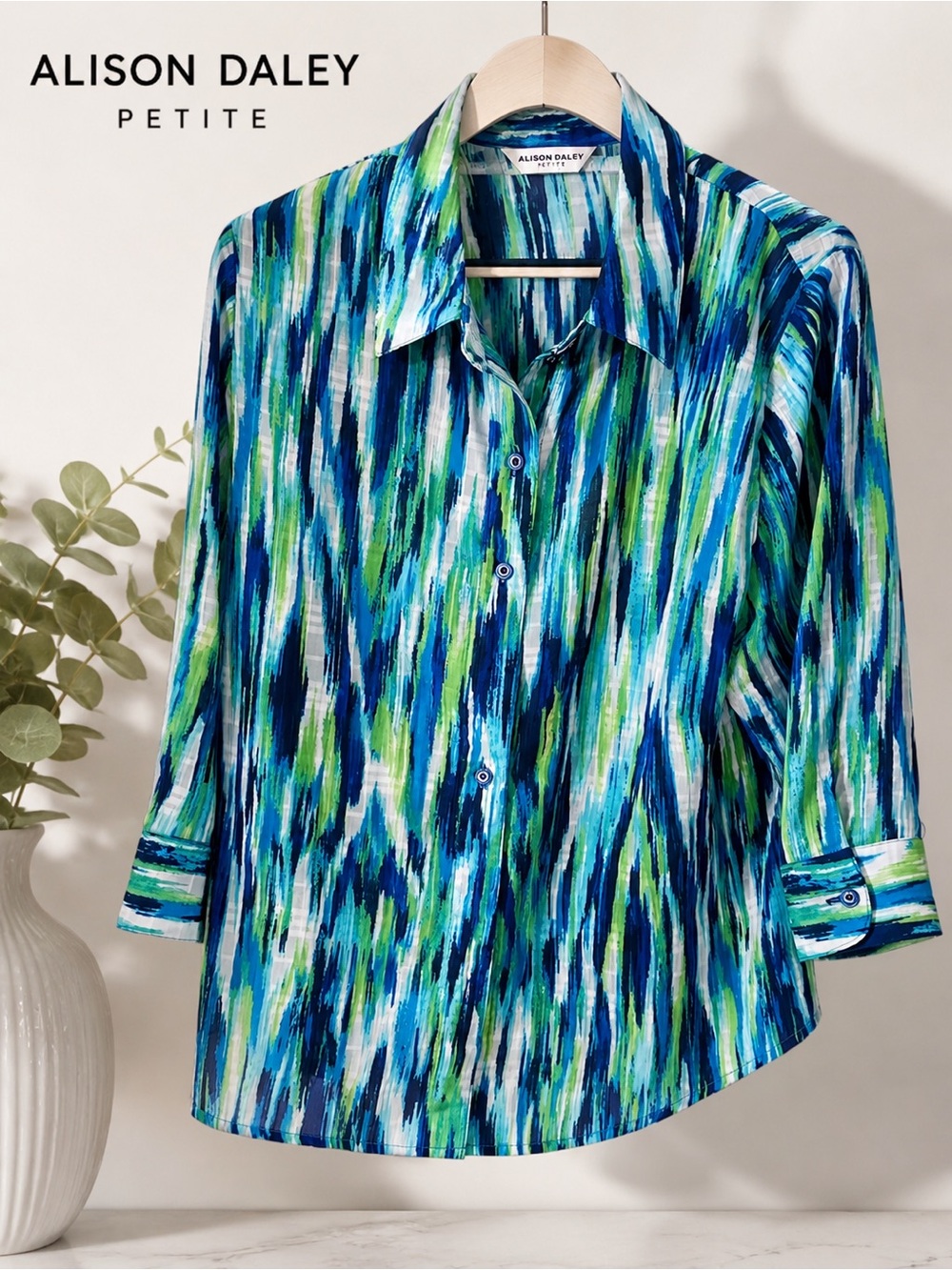 Allison Daley Watercolor Stripe Button‑Down Blouse shoulder pads 16P